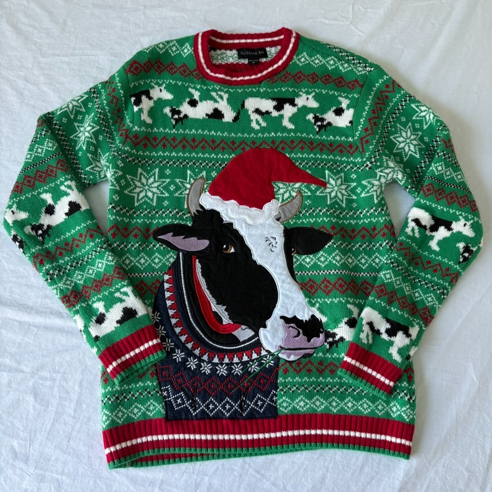 Blizzard Bay Womens‎ Red Green Fair Isle Cow Holiday Pullover Sweater Size M
